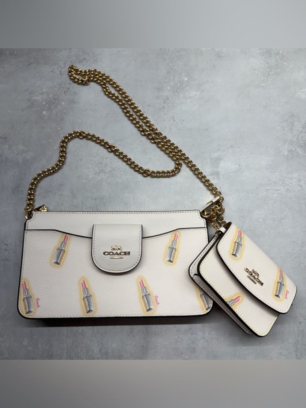 Coach Cream Leather Lipstick Print Crossbody with Gold Chain